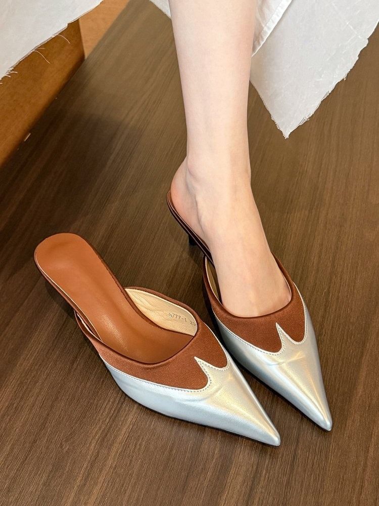 Toe Pointed Kitten Tone Two Mules Heel