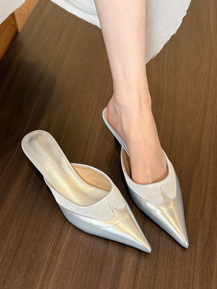 Toe Pointed Kitten Tone Two Mules Heel