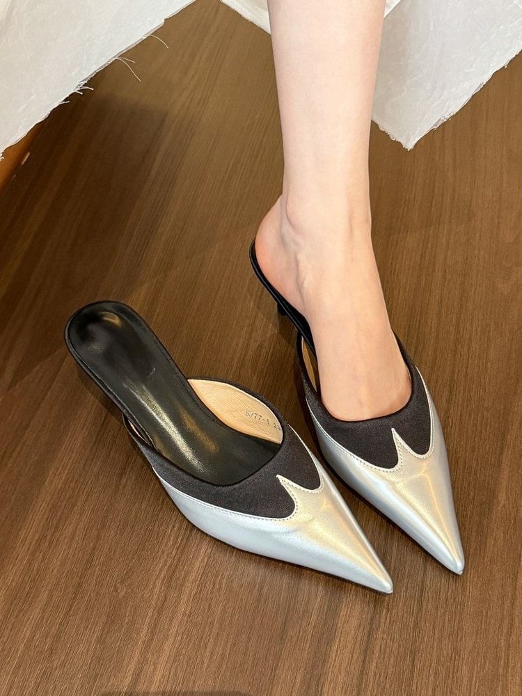 Toe Pointed Kitten Tone Two Mules Heel