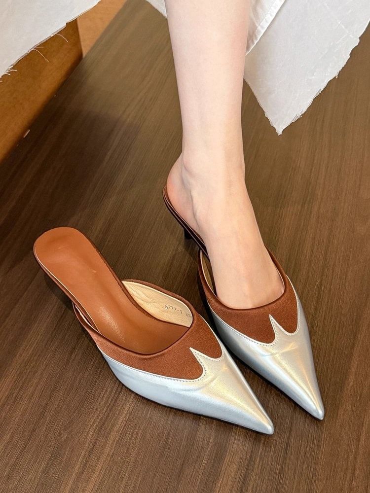 Toe Pointed Kitten Tone Two Mules Heel