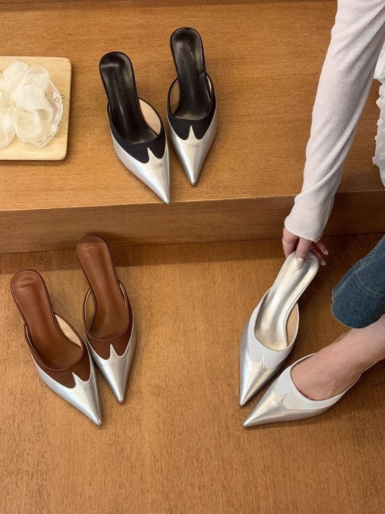 Toe Pointed Kitten Tone Two Mules Heel