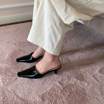 Square Leather Toe Mules Faux Heel Kitten