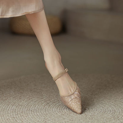Heel Floral Pointed Mesh Toe Kitten Mules