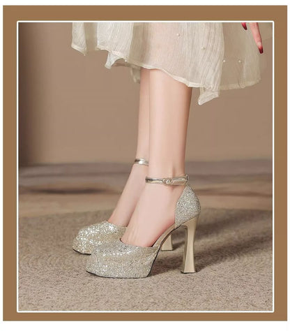 D'Orsay Chunky Ankle Heel Glitter Pumps Strap Platform