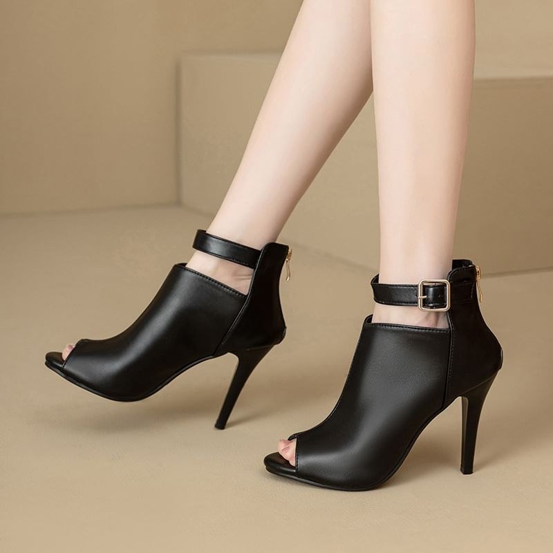 Stiletto Peep Toe Ankle Strap Plain Faux Leather Sandals