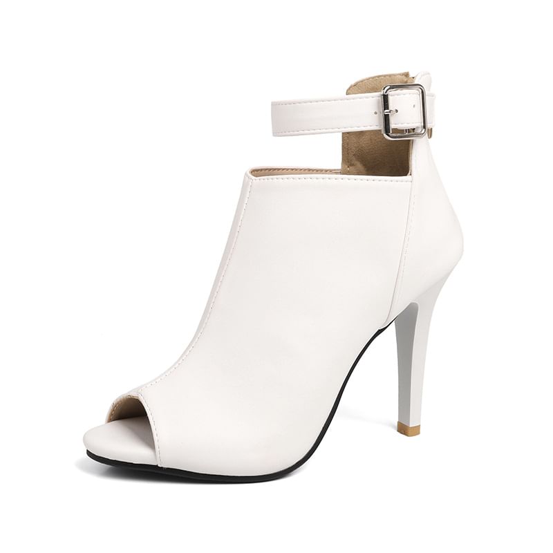 Stiletto Peep Toe Ankle Strap Plain Faux Leather Sandals