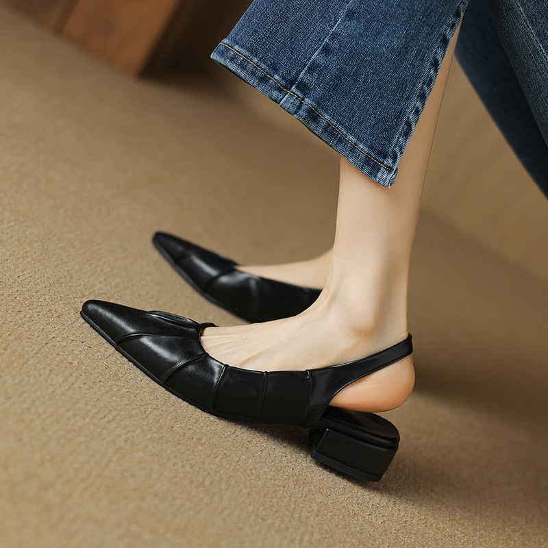Low Heel Pointed Toe Plain Ruched Faux Leather Slingback Sandals