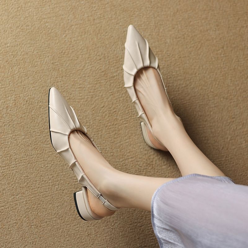 Low Heel Pointed Toe Plain Ruched Faux Leather Slingback Sandals