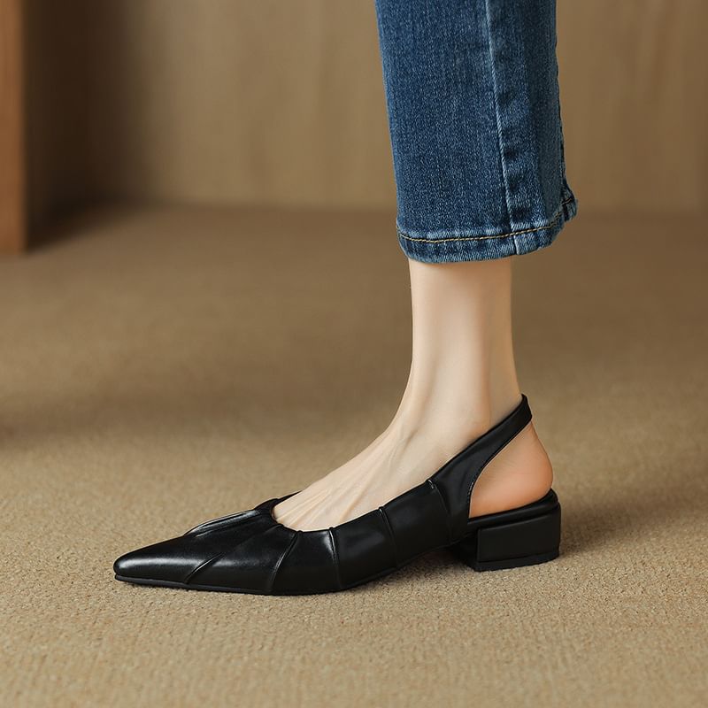 Low Heel Pointed Toe Plain Ruched Faux Leather Slingback Sandals