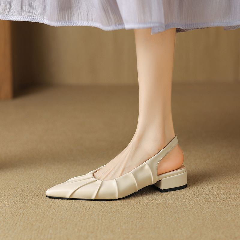 Low Heel Pointed Toe Plain Ruched Faux Leather Slingback Sandals