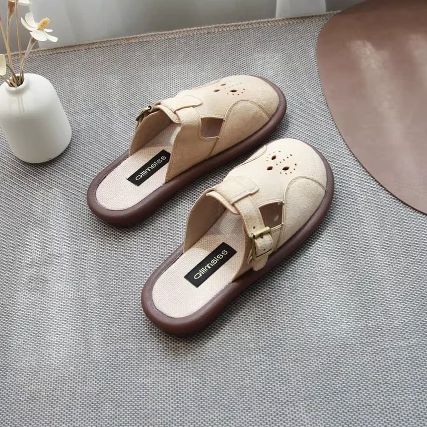 Plain Cutout Buckled Faux Suede Mules