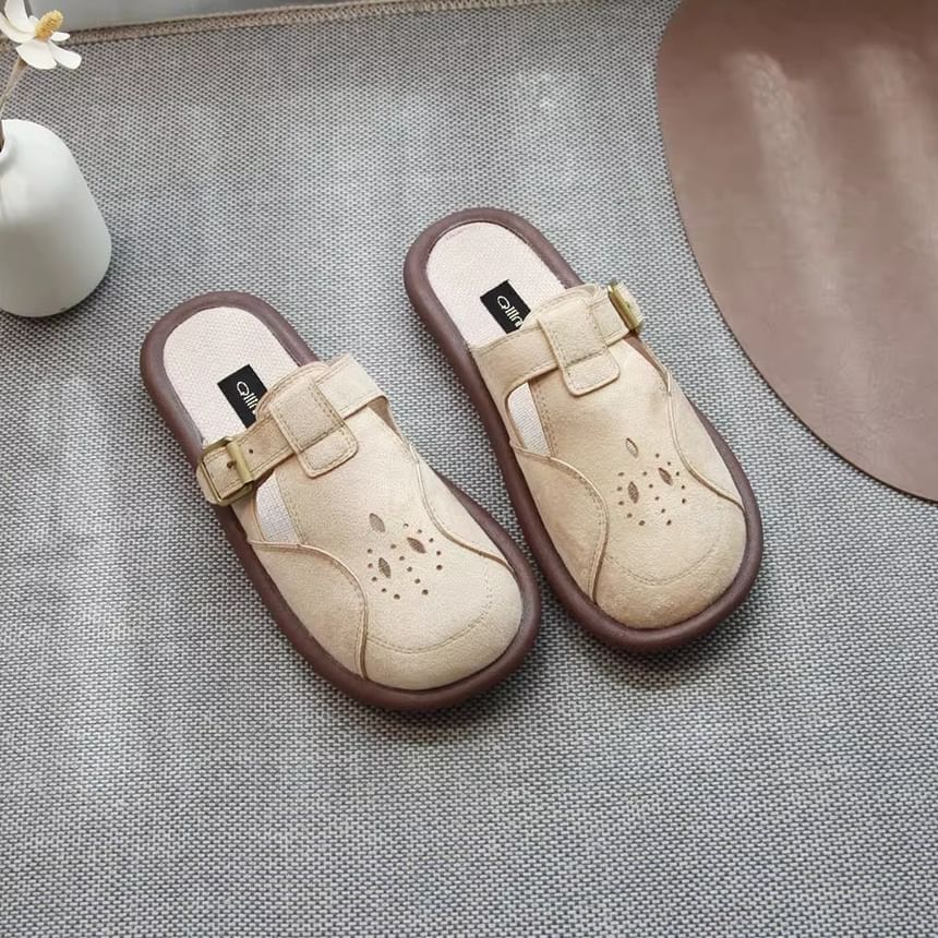 Plain Cutout Buckled Faux Suede Mules