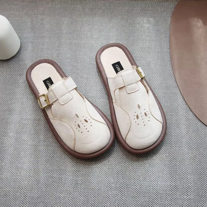 Plain Cutout Buckled Faux Suede Mules