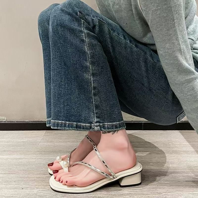 Low Heel Faux Pearl Sandals