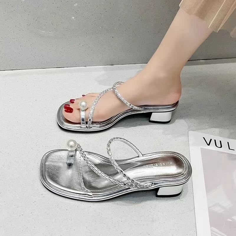 Low Heel Faux Pearl Sandals