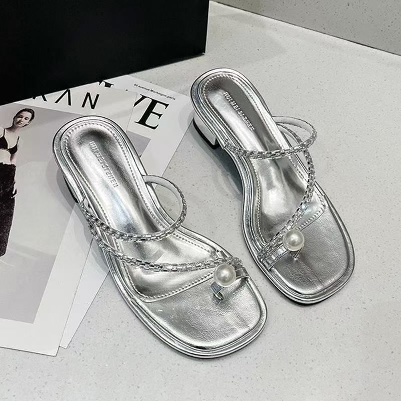 Low Heel Faux Pearl Sandals