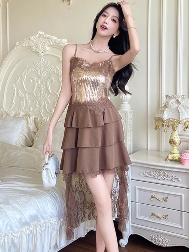 Spaghetti Strap Sequin Tiered High-Low Panel Lace Mini A-Line Dress
