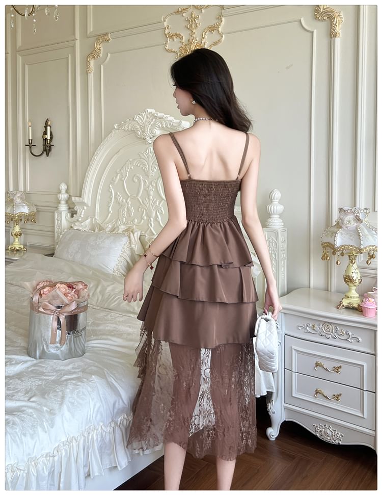Spaghetti Strap Sequin Tiered High-Low Panel Lace Mini A-Line Dress