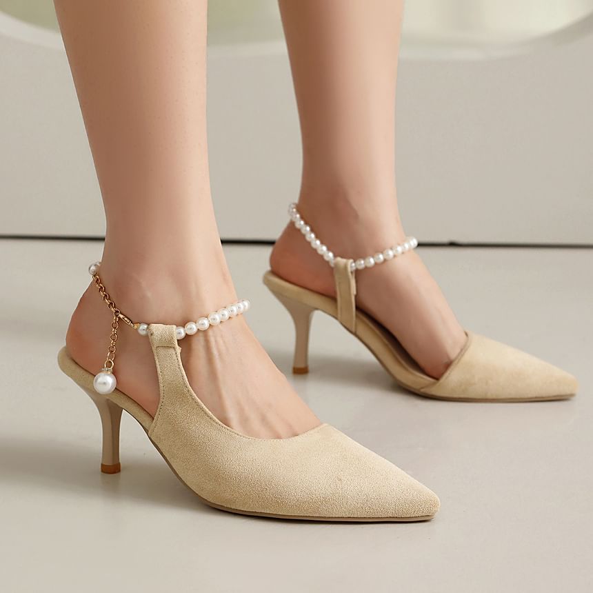 High Heel Faux Pearl Strap Chained Sandals