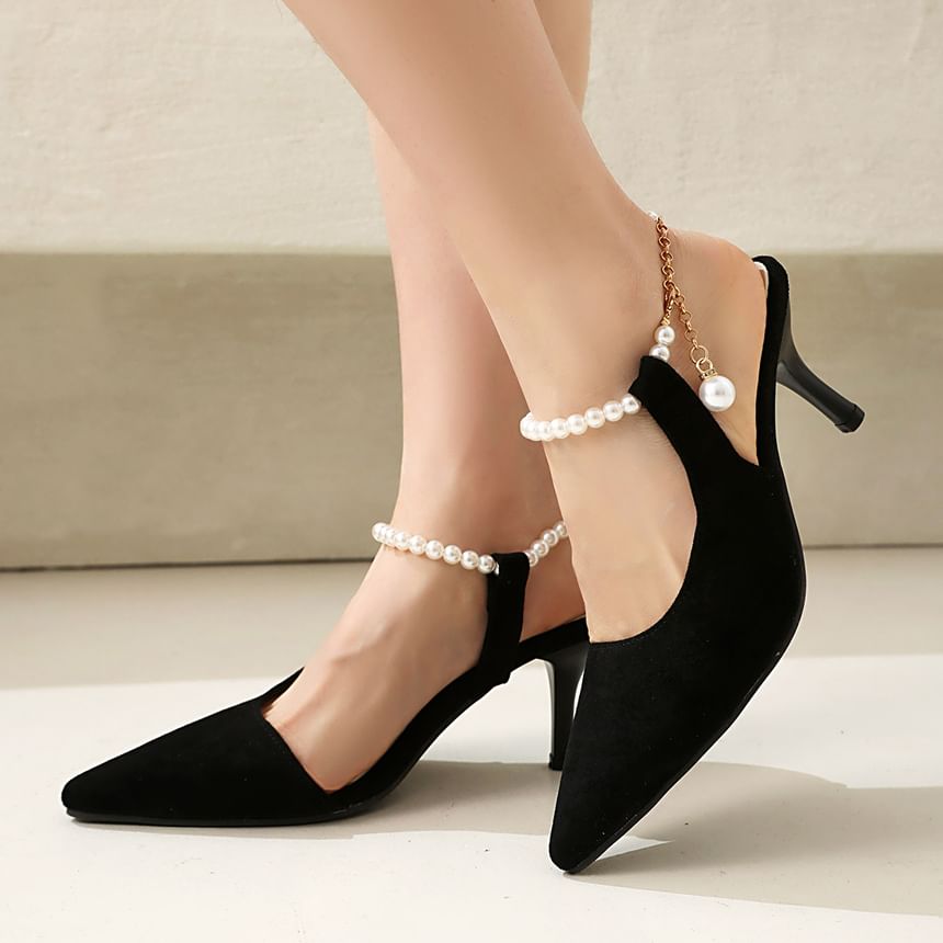 High Heel Faux Pearl Strap Chained Sandals