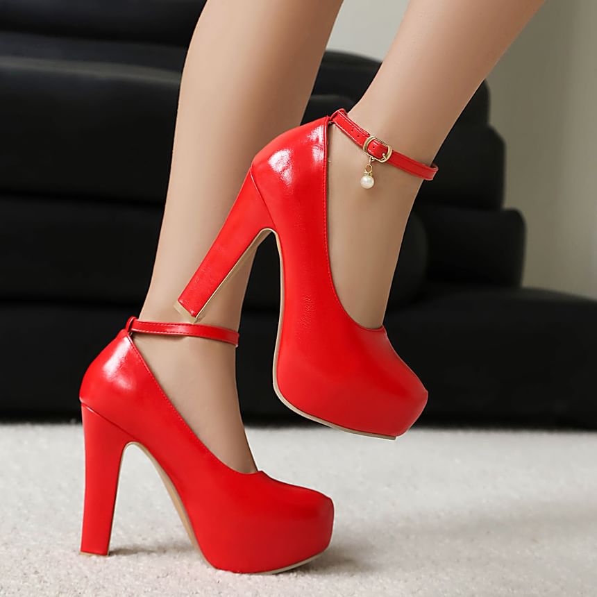 Platform Chunky Heel Faux Pearl Buckled Sandals