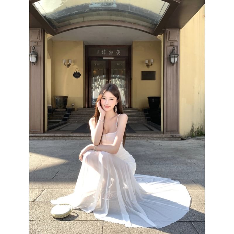 Spaghetti Strap Plain Mesh Panel Maxi Mermaid Dress
