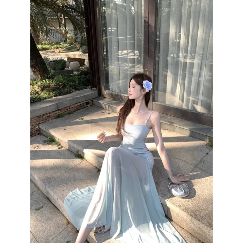 Spaghetti Strap Plain Mesh Panel Maxi Mermaid Dress