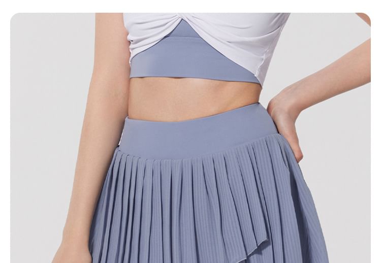 Asymmetrical Pleated Slit Sports Skirt - High Rise