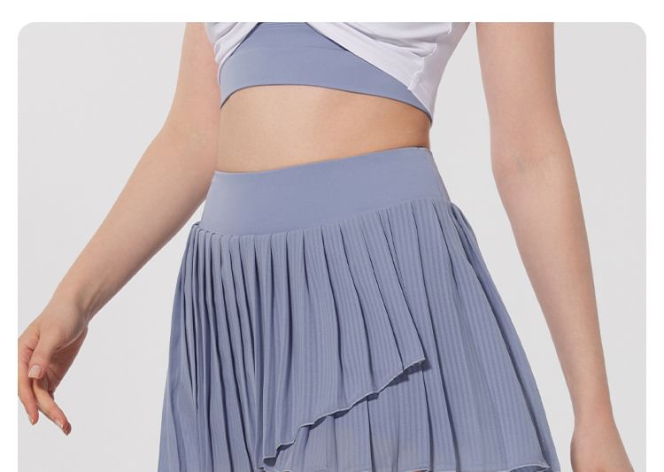 Asymmetrical Pleated Slit Sports Skirt - High Rise