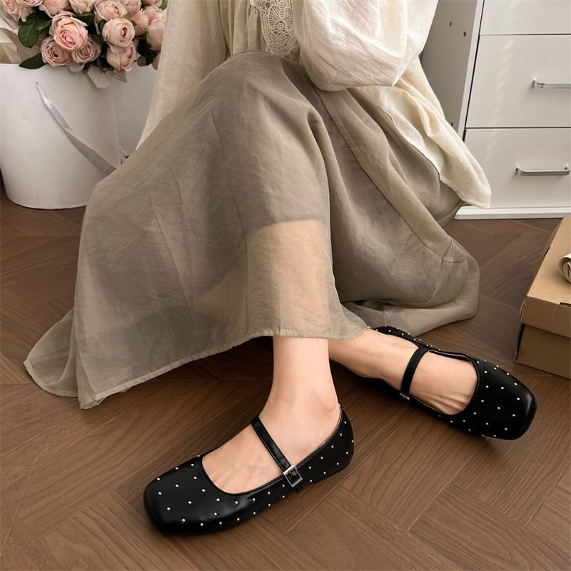 Square Toe Studded Faux Leather Mary Jane Flats