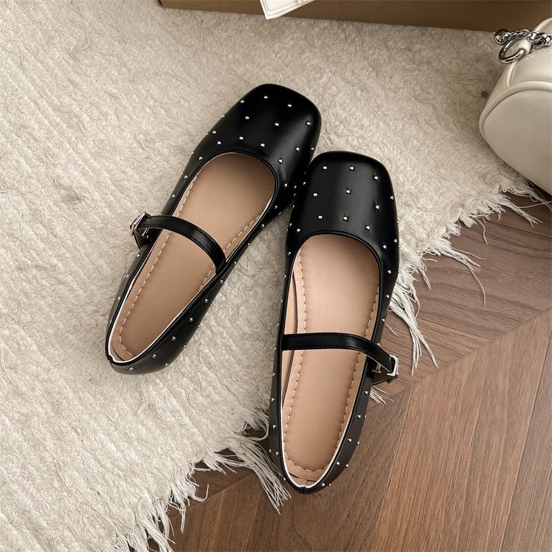 Square Toe Studded Faux Leather Mary Jane Flats