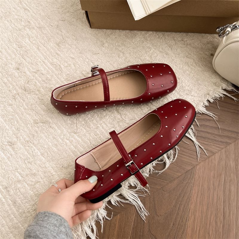 Square Toe Studded Faux Leather Mary Jane Flats