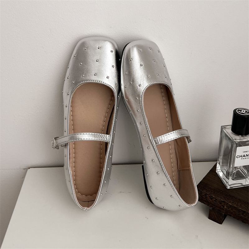 Square Toe Studded Faux Leather Mary Jane Flats