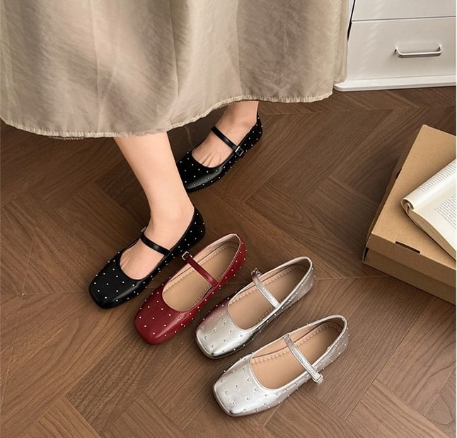 Square Toe Studded Faux Leather Mary Jane Flats