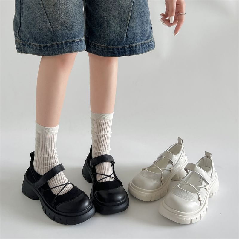 Platform Adhesive Strap Plain Mary Jane Shoes