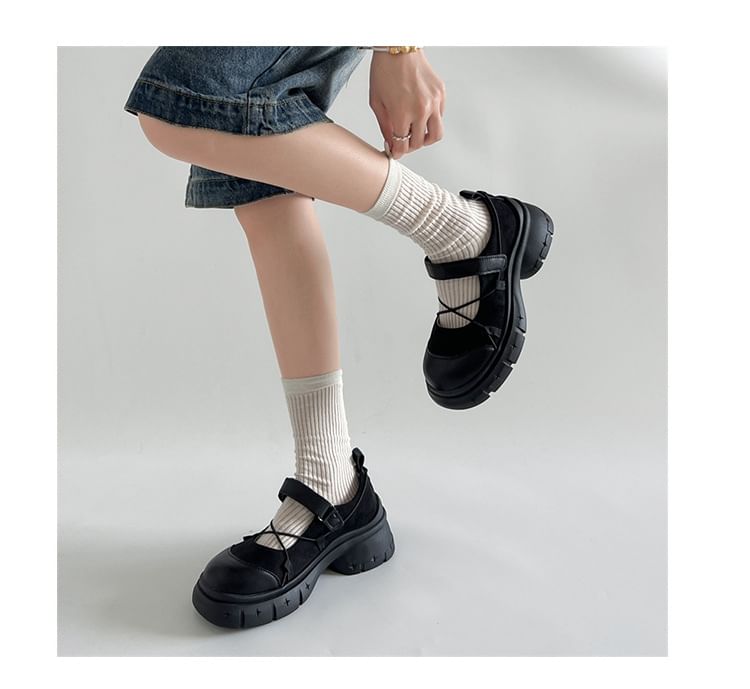 Platform Adhesive Strap Plain Mary Jane Shoes
