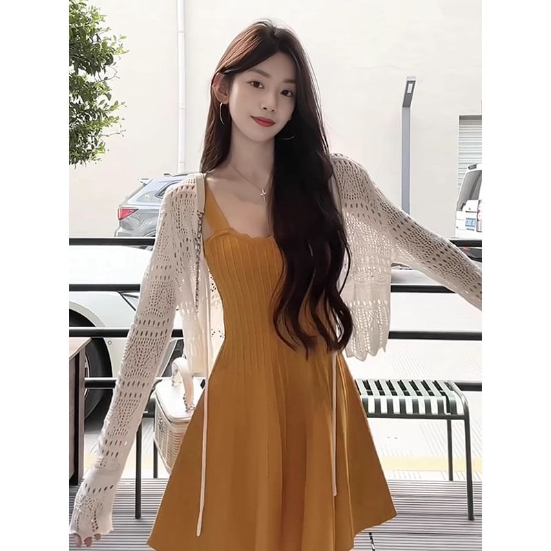 Wide Strap Midi A-Line Knit Dress / Pointelle Cardigan