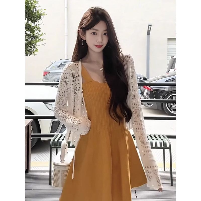 Wide Strap Midi A-Line Knit Dress / Pointelle Cardigan