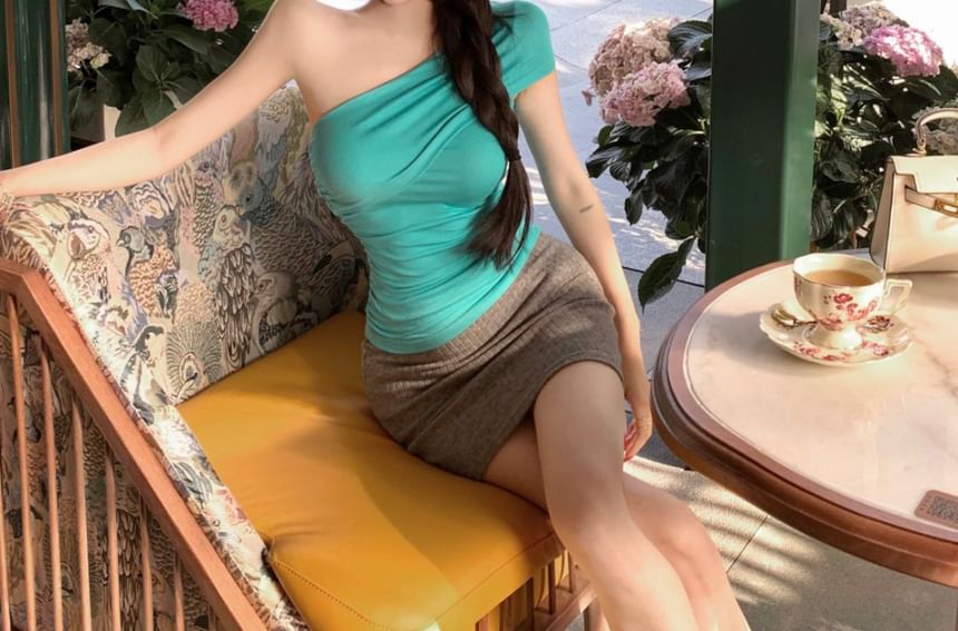 One-Shoulder Ruched Tee & Mini Pencil Skirt Set