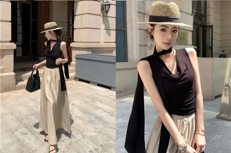 Cowl Neck Ruched Top & Maxi Skirt Set - High Rise