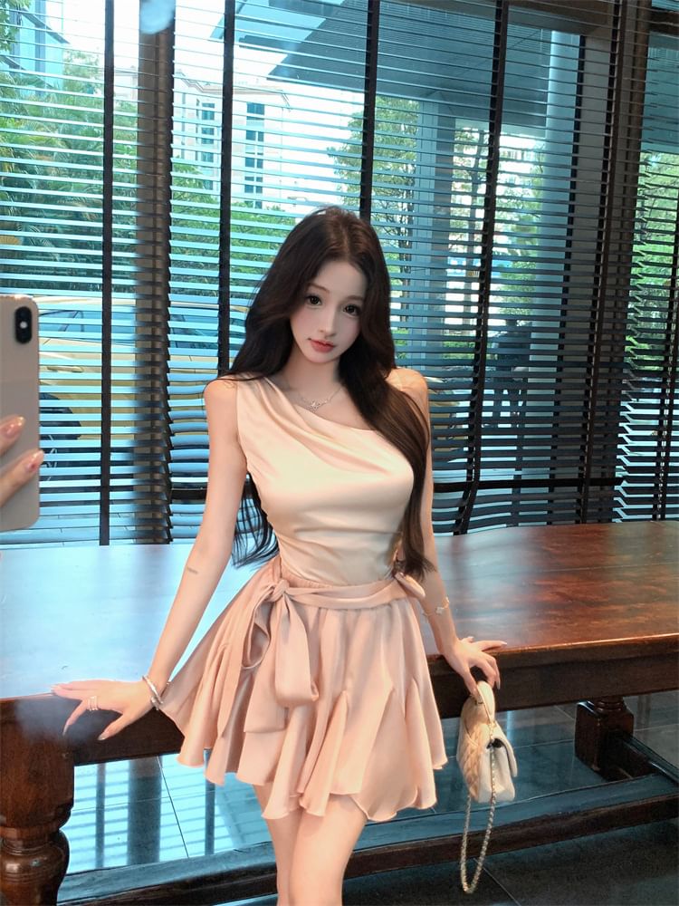 Asymmetric Sleeveless Cami with High-Rise Mini Skirt