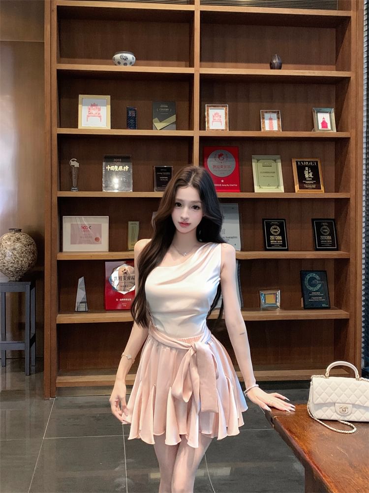Asymmetric Sleeveless Cami with High-Rise Mini Skirt