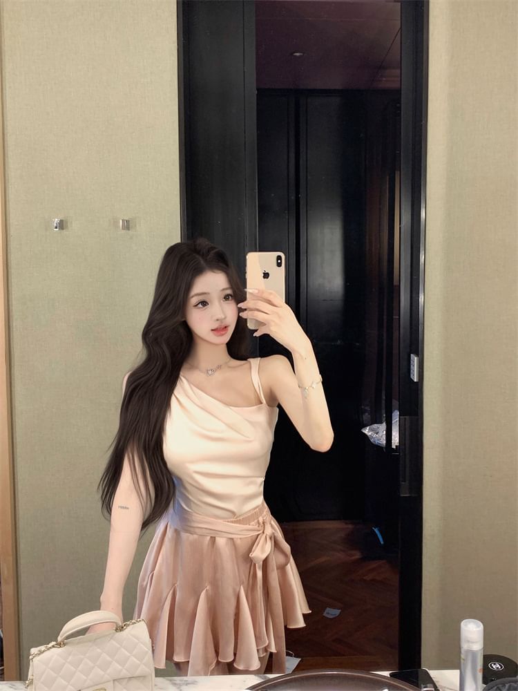 Asymmetric Sleeveless Cami with High-Rise Mini Skirt