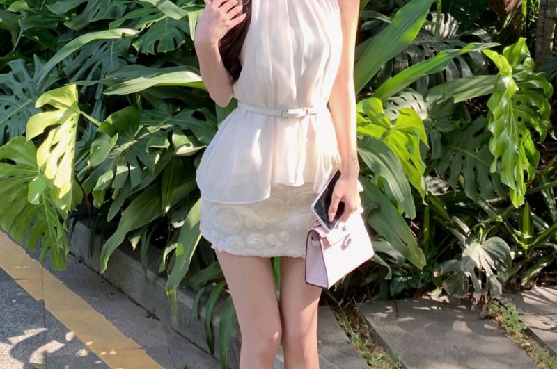 Sheer Halter Top & Mini Pencil Skirt with Belt Set
