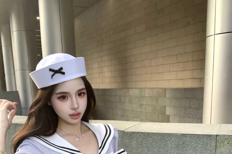 Sailor Collar Pinstripe Blouse & Pleated Mini Skirt Set