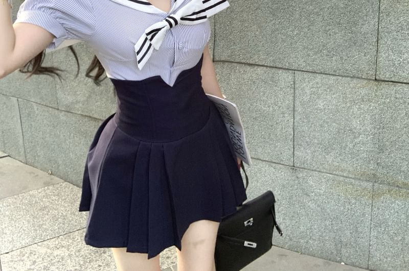 Sailor Collar Pinstripe Blouse & Pleated Mini Skirt Set