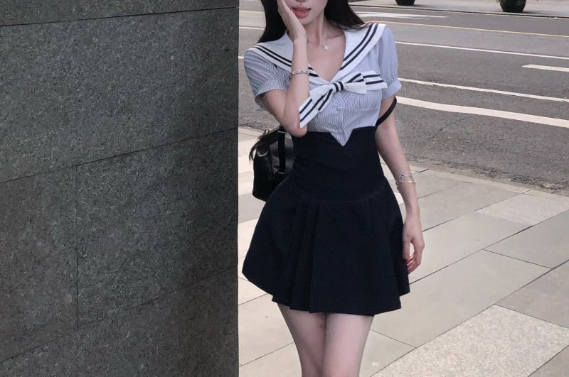 Sailor Collar Pinstripe Blouse & Pleated Mini Skirt Set