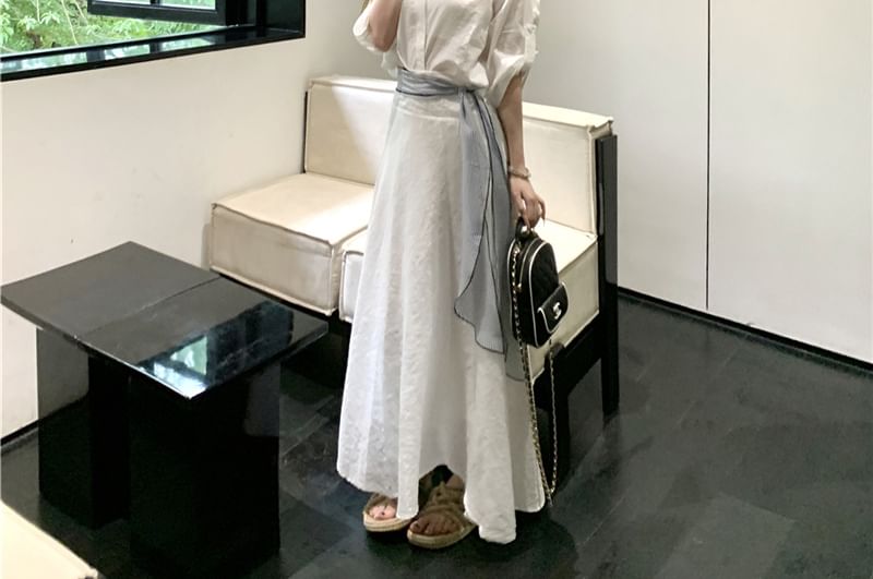 3/4 Sleeve V-Neck Blouse & Maxi Skirt Set - High Rise