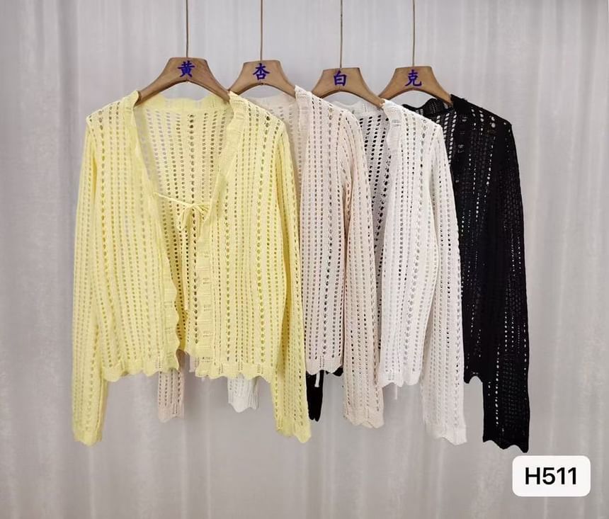 V-Neck Pointelle Knit Lace-Up Cardigan