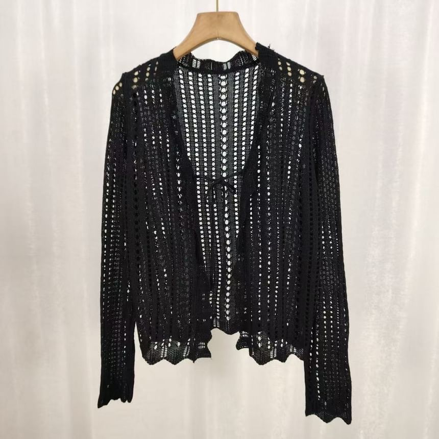 V-Neck Pointelle Knit Lace-Up Cardigan